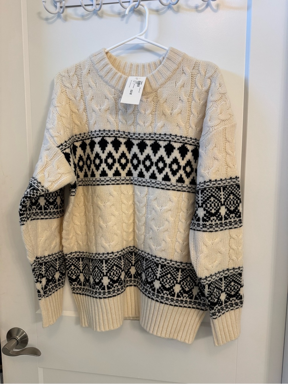 Line & Dot Cream and Black Cable Fair Isle Sweater Small NWT
